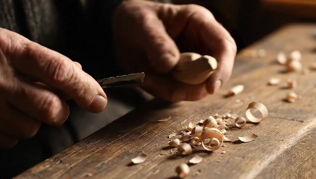 Artisans hands meticulously carving wood with a sharp knife.
