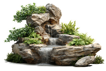 Serene rock garden waterfall cascading through lush greenery, creating a tranquil oasis perfect for relaxation and meditation spaces