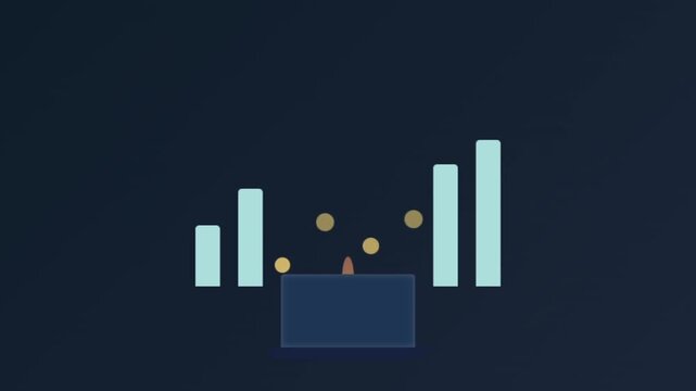 Abstract visualization of financial growth and market trends with rising bars and scattered data points.