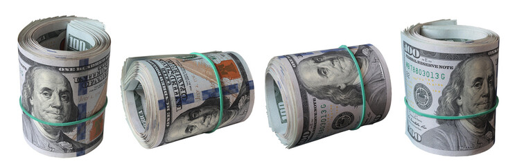 Cash US hundred dollar bills in rolls isolated on transparent background.