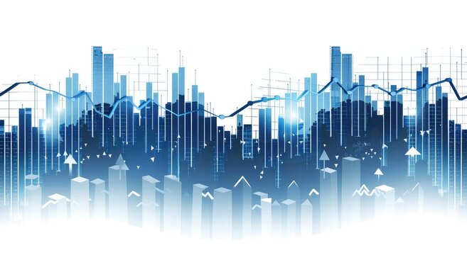 Abstract cityscape skyline merges with financial bar and line graphs, depicting growth and economic trends in a stylized, blue-toned design - Powered by Adobe