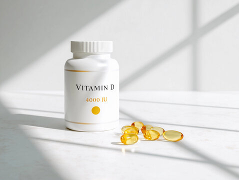 Vitamin D supplement bottle with softgel capsules, health and immunity concept