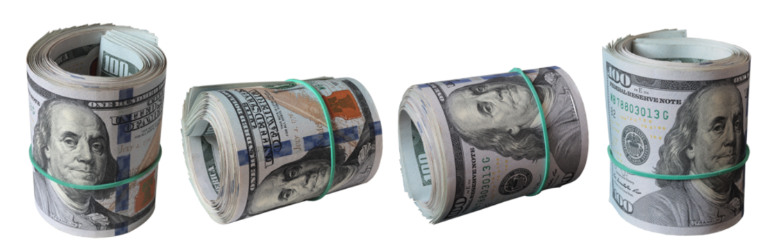 Cash US hundred dollar bills in rolls isolated on transparent background.