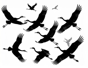 Obraz premium Silhouetted Cranes Soaring in Formation An Elegant Display of Wildlife in Flight Capt