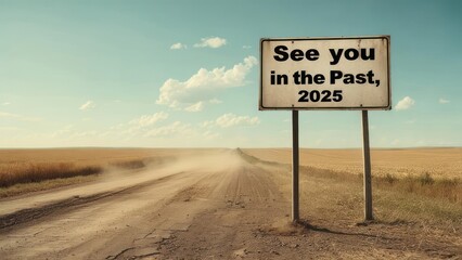 Road sign indicating future date in rural landscape