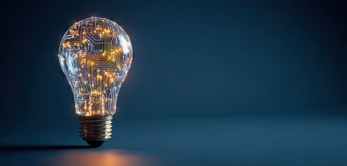 Innovative light bulb with glowing internal circuitry representing ideas and technology.