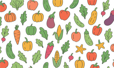 Cute Vegetable Seamless Pattern Tomatoes, Carrots, Cucumbers, Pumpkins, easily editable and scalable.