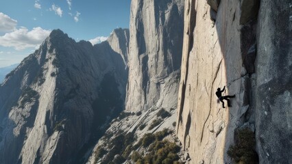 Rock climber ascends steep cliff face outdoors
