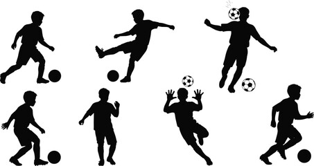 Silhouette boys playing soccer, football action poses, kicking ball, running, sports activity, competition, outdoor team game