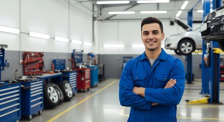 Portrait of a smiling mechanic in blue uniform standing in a well lit auto repair shop with cars