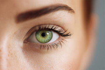 Fototapeta premium Close-up of green female eye with natural eyelashes, symbolizing beauty, identity and vision, with minimal modern background and sharp copy space.