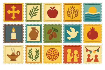 Religious Symbol Stamps Cross Dove Apple Olive Candle Icons