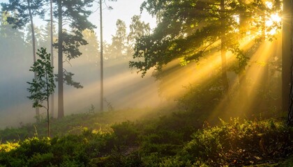 Fototapeta premium Golden Rays Through the Forest: Sunbeams pierce through the misty canopy of a vibrant forest, casting a warm glow and highlighting the tranquility of nature's embrace.