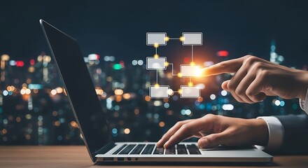 Innovative professional using workflow automation on laptop with bright city lights background for business solutions