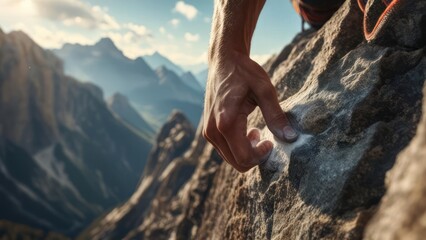 Rock climber handhold on mountain face
