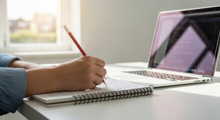 Student Learning and Studying with a Laptop and Notebook