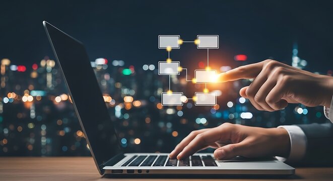 Innovative professional using workflow automation on laptop with bright city lights background for business solutions