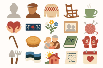 Estonia Grandparents Icon Set with Family, Traditions, and Cozy Symbols
