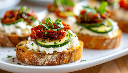 Bruschetta with ricotta cheese, zucchini, dried tomato and herbs. Gourmet canape. Tasty food.