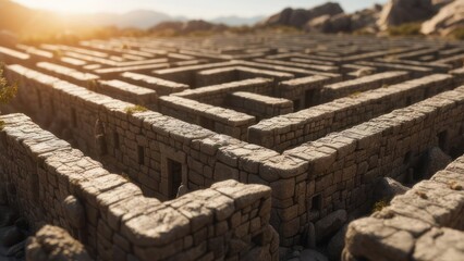 Stone maze, intricate pathways, sunlit landscape