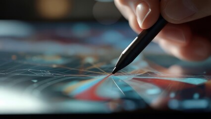 Close-up of a hand using a stylus on a tablet screen displaying a complex design