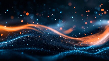 Abstract background with flowing orange and blue light trails and bokeh effects.