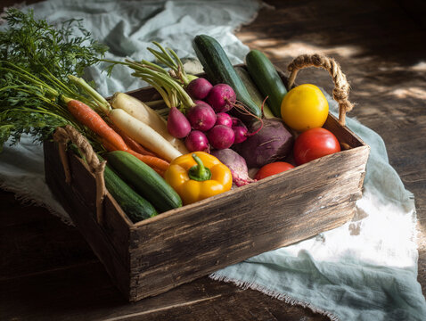 Rustic wooden crate filled with fresh organic vegetables, farm to table harvest concept