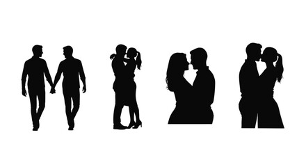 Romantic couple silhouettes in various poses expressing love and affection together vector