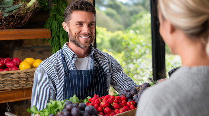 Smiling farm market vendor serving fresh organic fruits to customer at farmers market stand. Friendly shopkeeper in striped shirt and apron selling strawberries, grapes and seasonal produce.