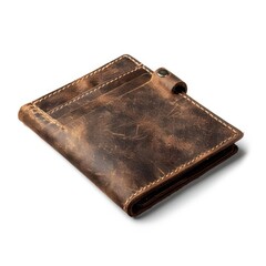 Distressed brown leather wallet, closed, showing subtle stitching and a small clasp.  The wallet has a worn, rustic appearance