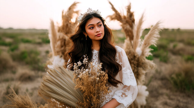 Beautiful bride in boho style white lace dress holding dried flowers bouquet. Romantic outdoor wedding portrait at golden hour with natural rustic decor and pampas grass background. - Powered by Adobe