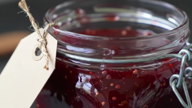 Homemade fruit preserve in a glass jar with a label for customization