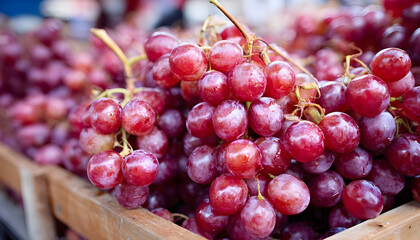 Obraz premium Ripe grapes for sale in the outdoor farm market. Red grapes on wooden background