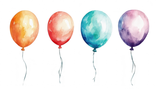 A collection of four watercolor balloons in orange. red. teal. and purple. gently swaying against a white background. perfect for celebrations and festive occasions
