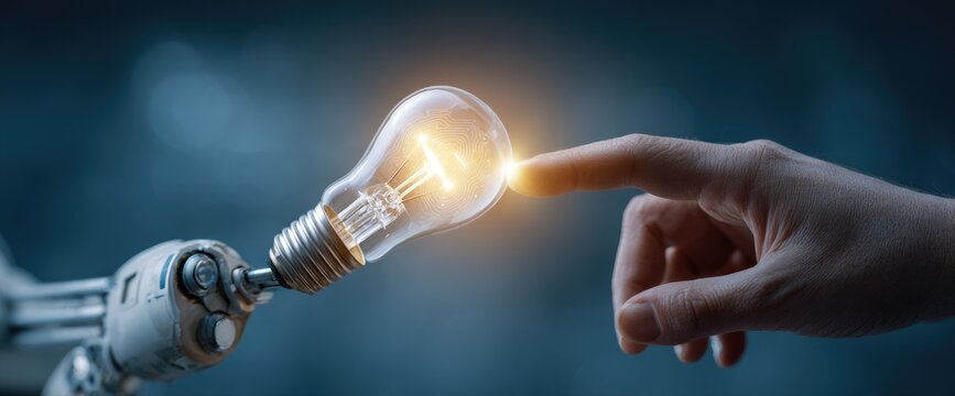 Human finger touching a glowing light bulb held by a robotic arm.