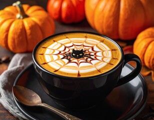 Spooky Halloween Latte Art A Ghostly Brew with a Scary, Spider Web Twist