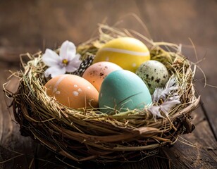 Fototapeta premium Colorful Easter eggs in a nest