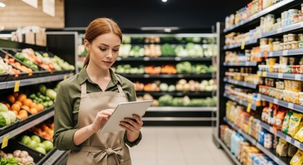 Retail worker checks inventory on a tablet in grocery store aisle