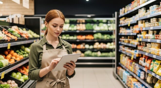 Retail worker checks inventory on a tablet in grocery store aisle