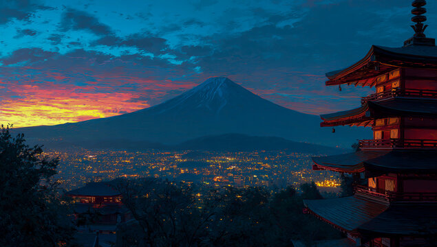 Majestic mount fuji glows at sunset with a traditional pagoda in the foreground