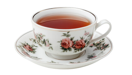 A beautifully crafted porcelain tea cup adorned with delicate floral patterns. filled with steaming black tea. placed elegantly on a matching saucer. suggesting a serene afternoon tea setting