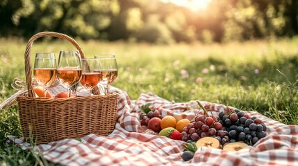 Picnic basket wine glasses fruit and blanket on grass with trees in background.