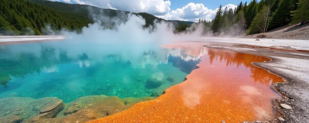 Vibrant Geothermal Hot Spring Colorful Rocks and Lush Greenery in a Serene Scenic Landscape
