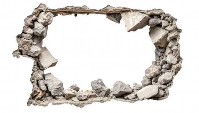 A broken concrete wall segment revealing a clean white background. the texture of the rubble and debris. perfect for construction or renovation themes