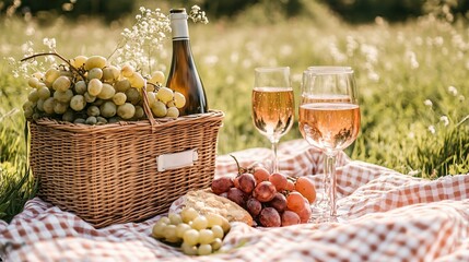 Picnic basket with grapes wine and glasses on a checkered blanket outdoors.