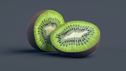 Two halves of a kiwi fruit, digitally rendered, rest on a dark gray surface, showcasing vibrant green flesh and tiny black seeds. The lighting is subtle, highlighting the fruit's texture