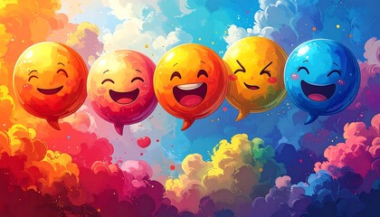 Colorful emoticons floating in a vibrant cloud background