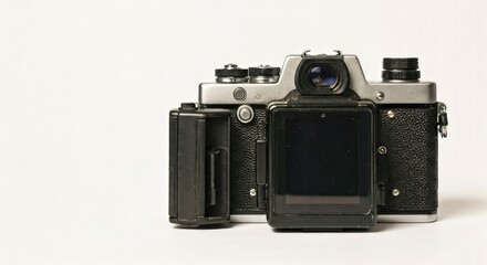 Vintage SLR camera, light gray and black