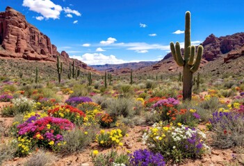 Colorful desert landscape with cacti and wildflowers