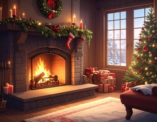 Cozy Christmas living room scene with fireplace